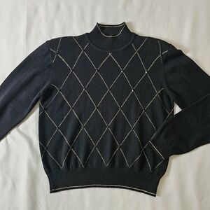Vtg Liz Claiborne Black Gold Beaded Wool Blend Sweater Womens‎ M